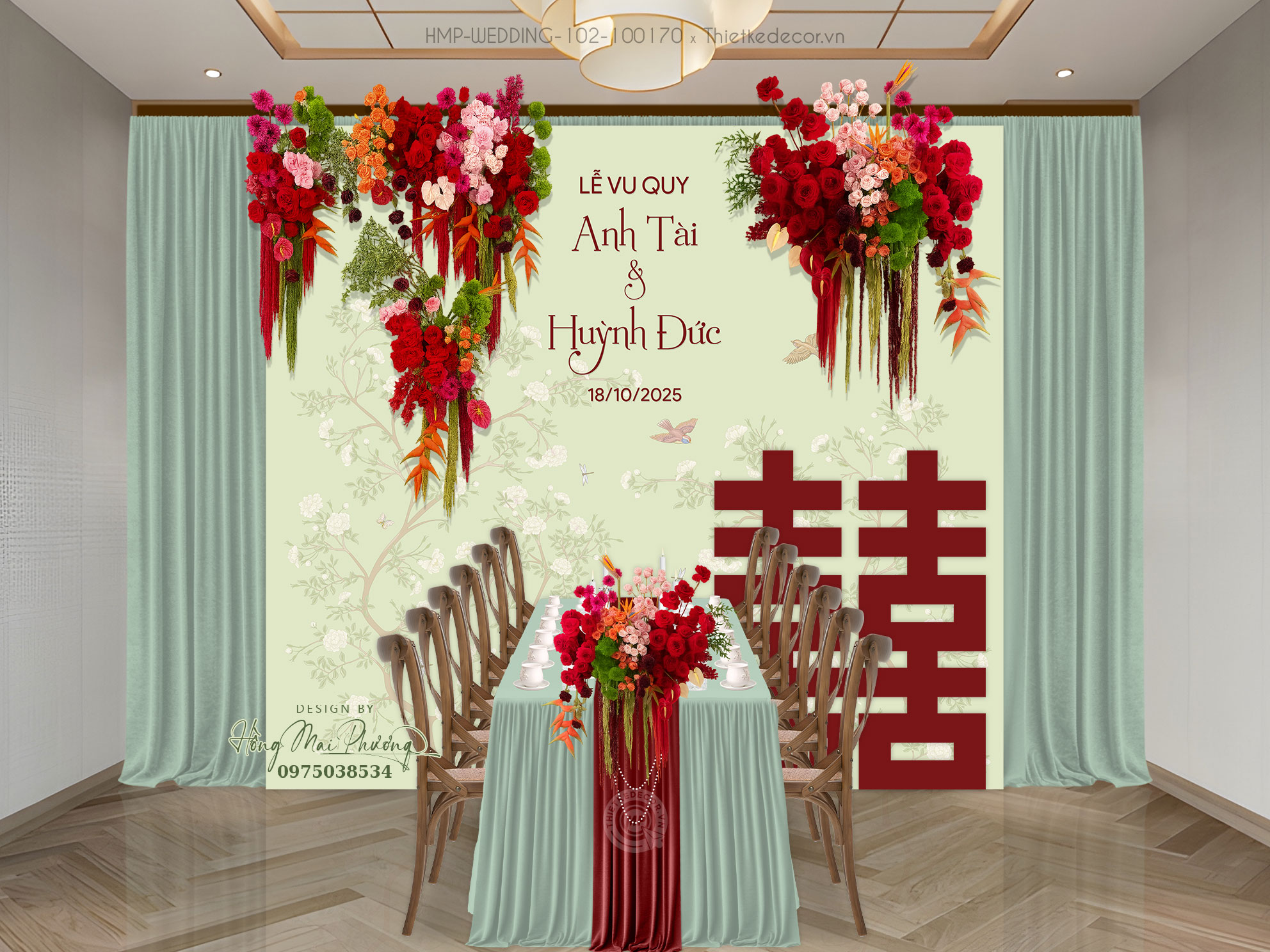 Gia tiên tone xanh lá họa tiết chim cành thanh tú